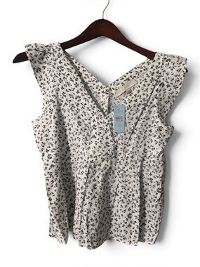 NWT LOFT Floral Peplum Tank Top Small Petite Flutter Sleeve V-Neck White Black